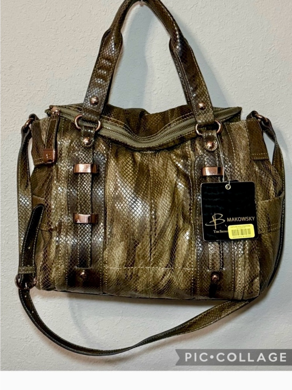NWT-b. makowsky Olive Snake-Embossed Shoulder Bag with Rose Gold Accents
